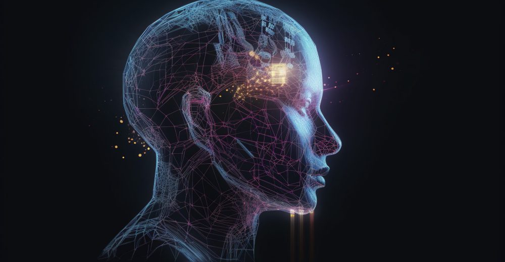 AI vs human Artificial intelligence, a humanoid cyber human with a neural network thinks. AI concept of big data or cyber security. Chat GPT concept. AI with a digital brain processes big data. Generative AI